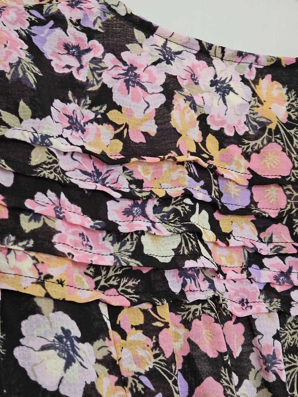 Free People Black Floral Tie-Front Blouse with Pink & Yellow Blooms